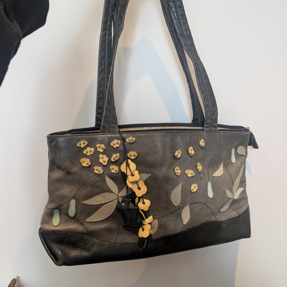 Radley Floral Appliqué Leather Hand Bag - Black Grey with Yellow Accents